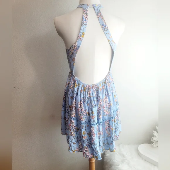 ABEL THE LABEL BLUE FLORAL FIT & FLARE JAASE BACKLESS HALTER MINI DRESS SZ SMALL - Picture 12 of 16